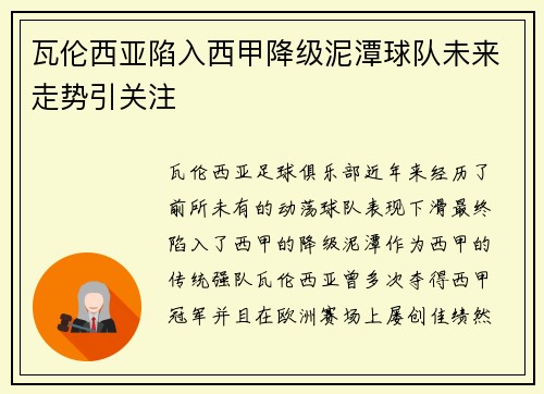 瓦伦西亚陷入西甲降级泥潭球队未来走势引关注 瓦伦西亚陷入西甲降级泥潭球队未来走势引关注
